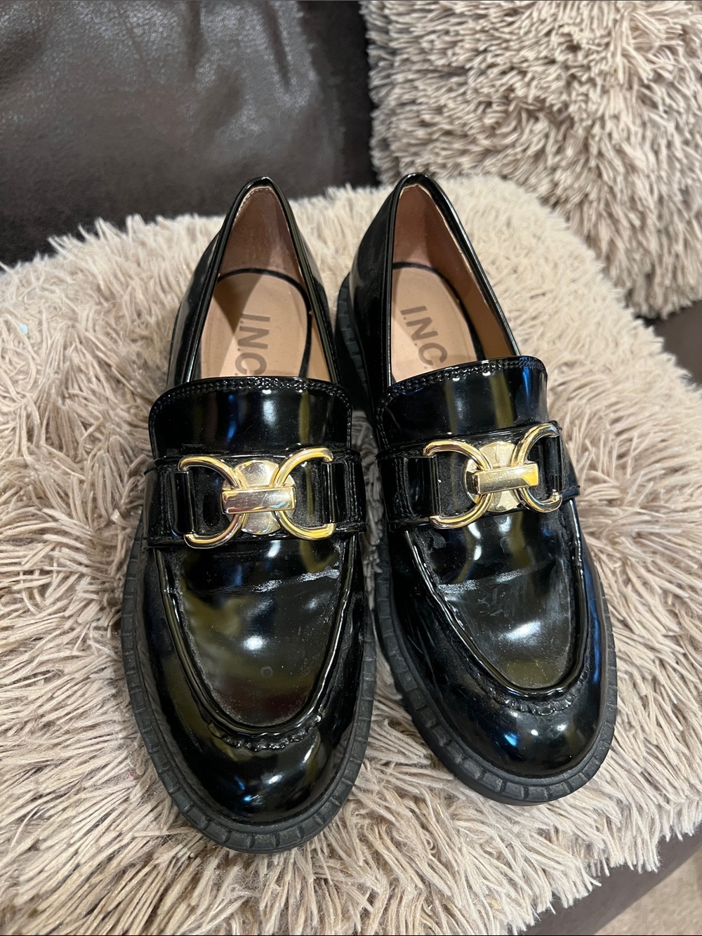 INC International Concepts Black Patent Loafers with Gold Chain Accent